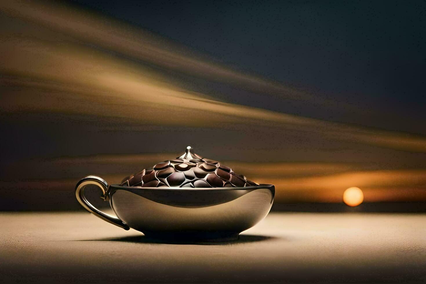 a cup of coffee sitting on a table with a blurry background. AI-Generated photo