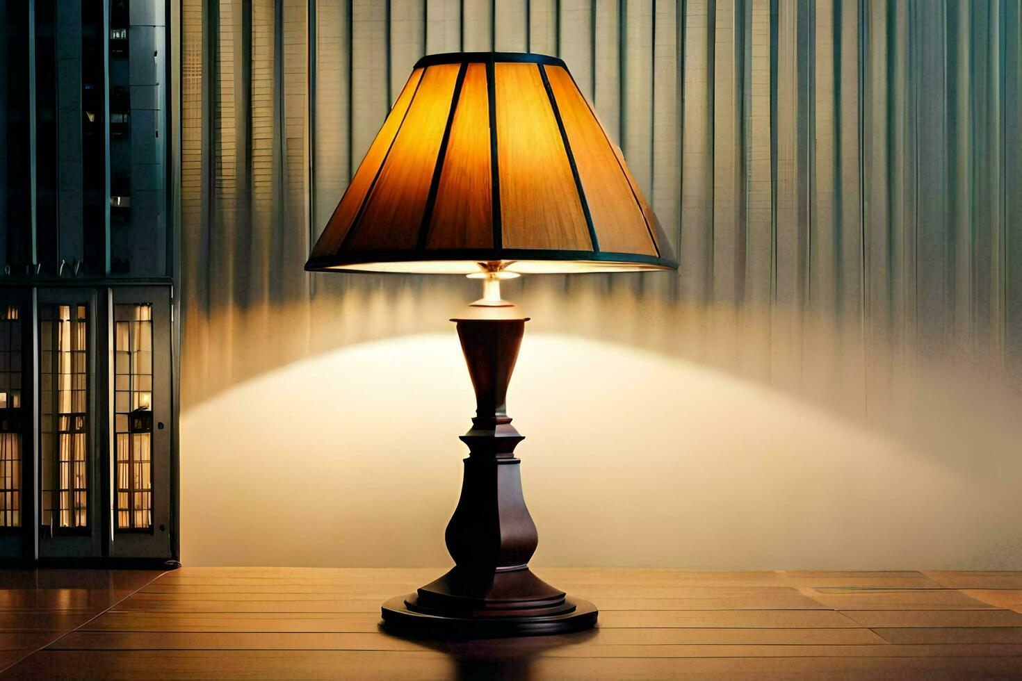 a lamp on a table in front of a window. AI-Generated photo
