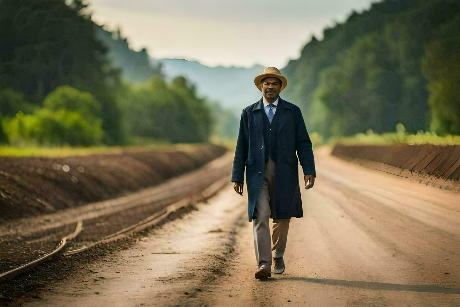 a man in a suit and hat walking down a dirt road. AI-Generated photo