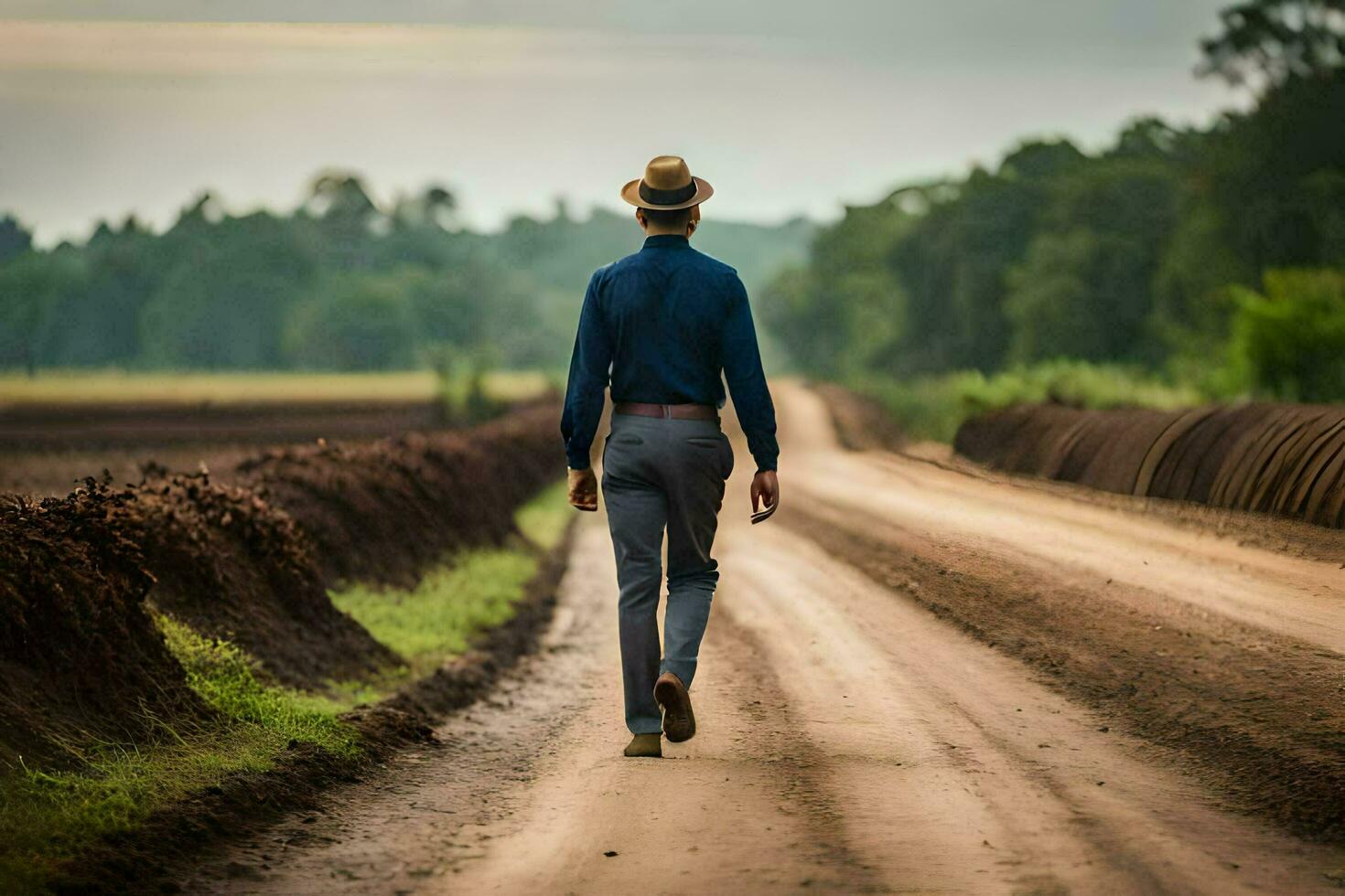 un hombre en un sombrero camina abajo un suciedad la carretera. generado por ai foto