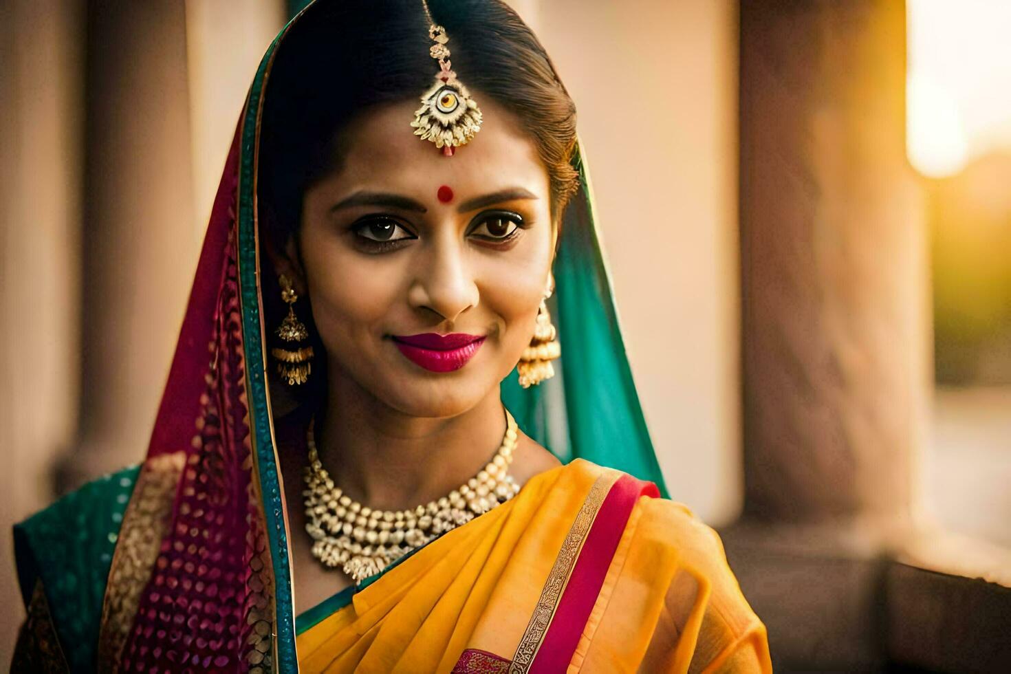 beautiful indian bride in traditional sari. AI-Generated photo