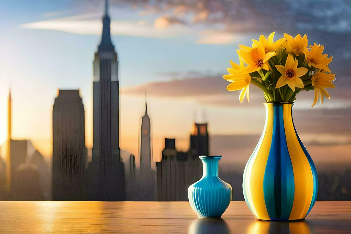 a vase with flowers and a cityscape in the background. AI-Generated photo