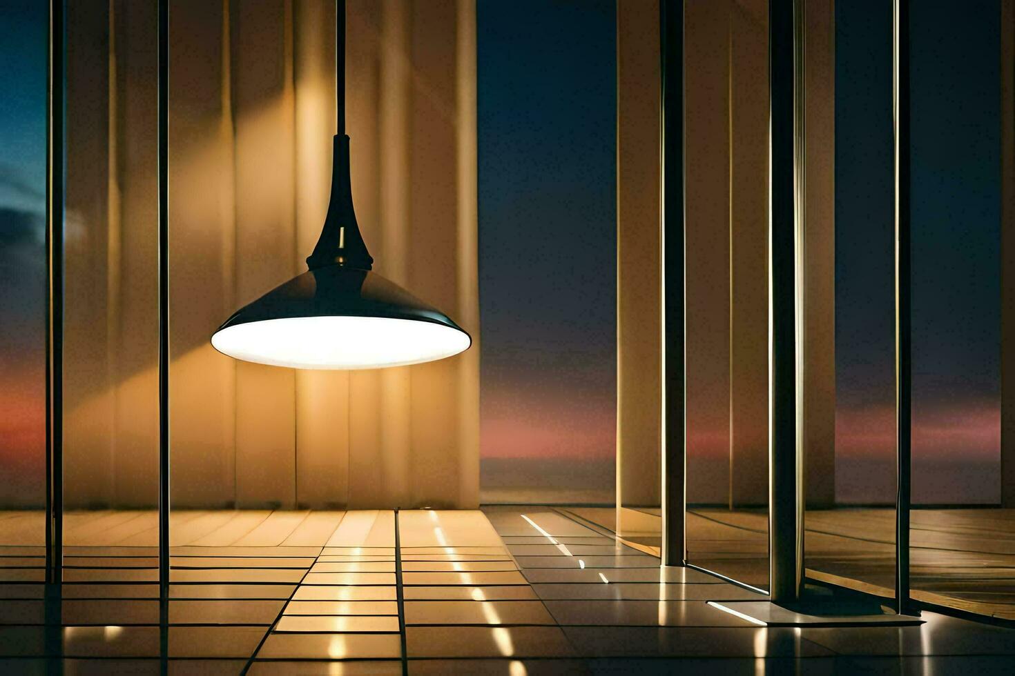 a lamp is lit in a room with a view of the ocean. AI-Generated photo