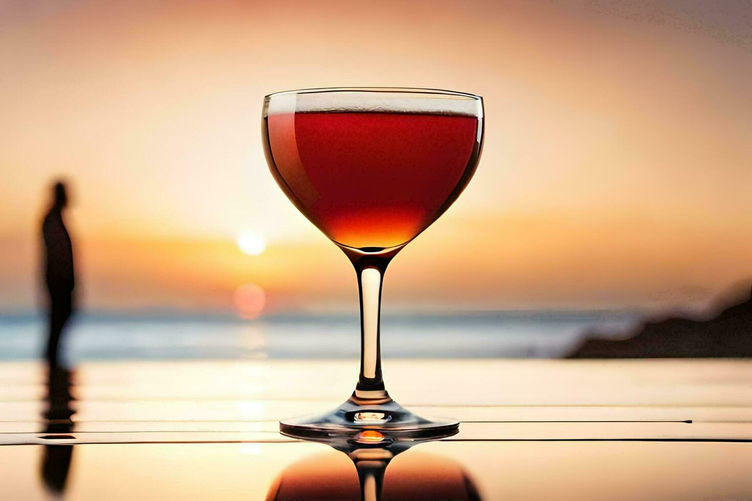 a glass of red wine on a table in front of the sunset. AI-Generated photo