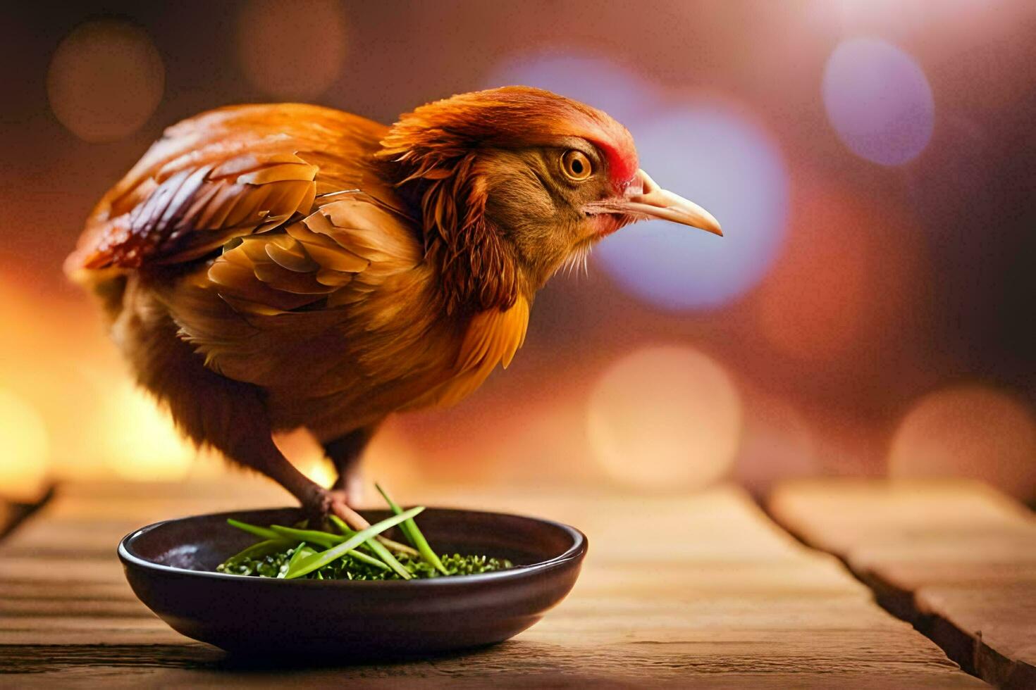 a chicken is standing on a plate with grass. AI-Generated photo