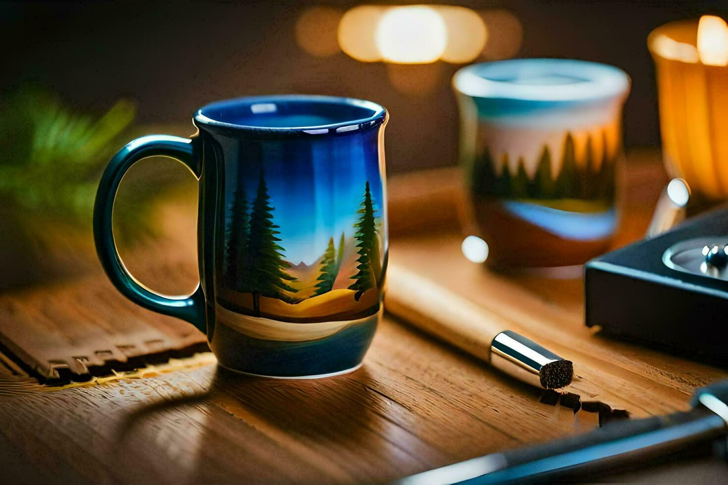 a coffee mug with a forest scene on it. AI-Generated photo