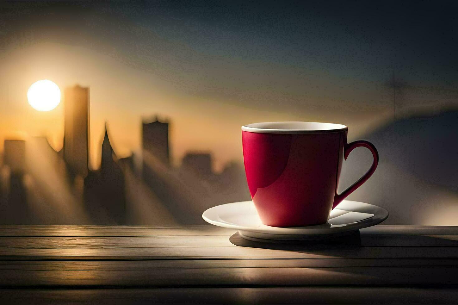 un rojo taza se sienta en un mesa con un ciudad en el antecedentes. generado por ai foto