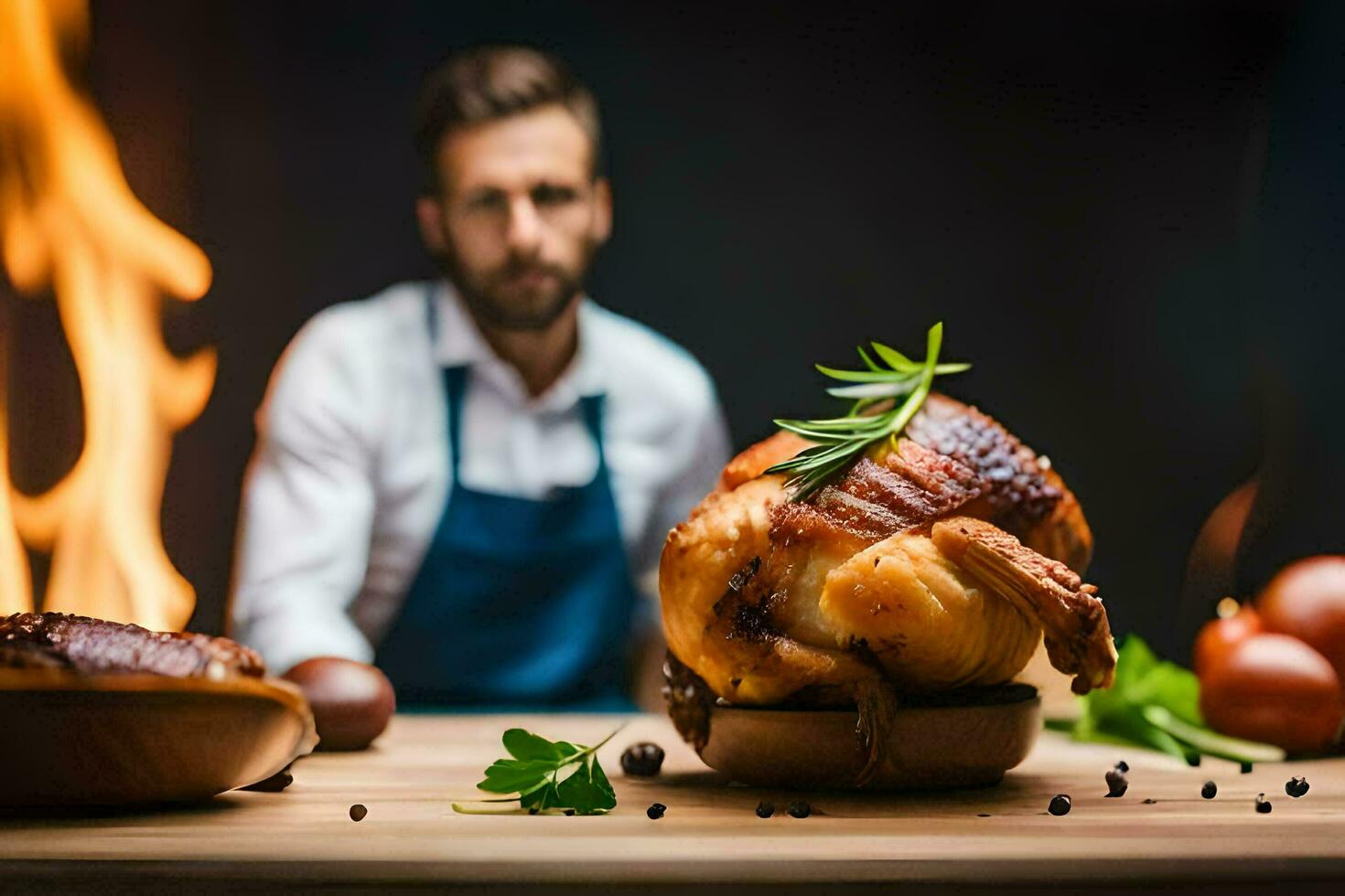 a man in apron cooking a chicken on a wooden table. AI-Generated photo