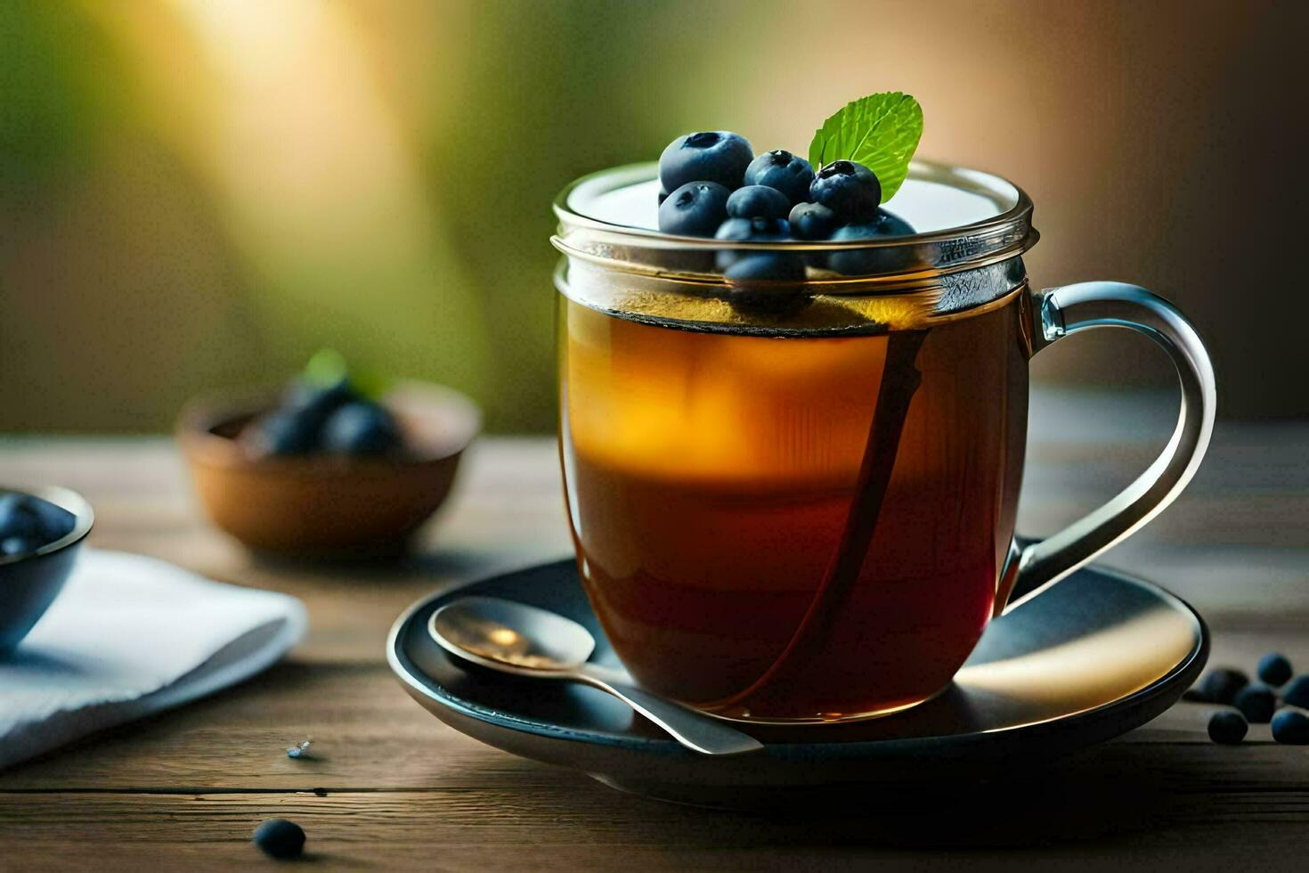 a cup of tea with blueberries and mint leaves. AI-Generated photo