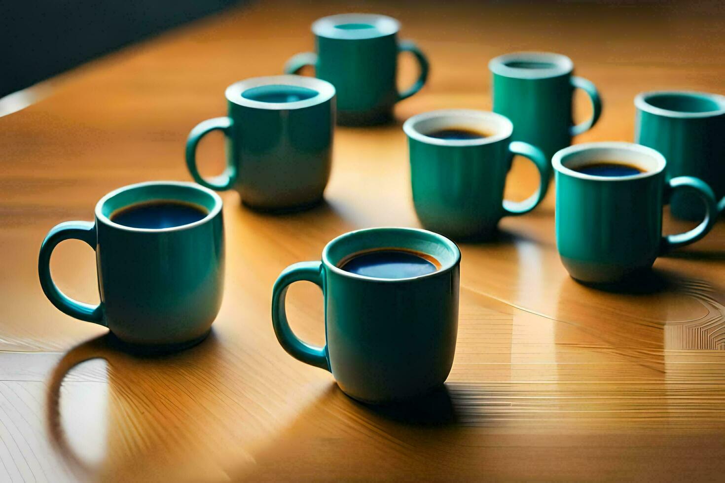 a group of six coffee cups on a wooden table. AI-Generated photo