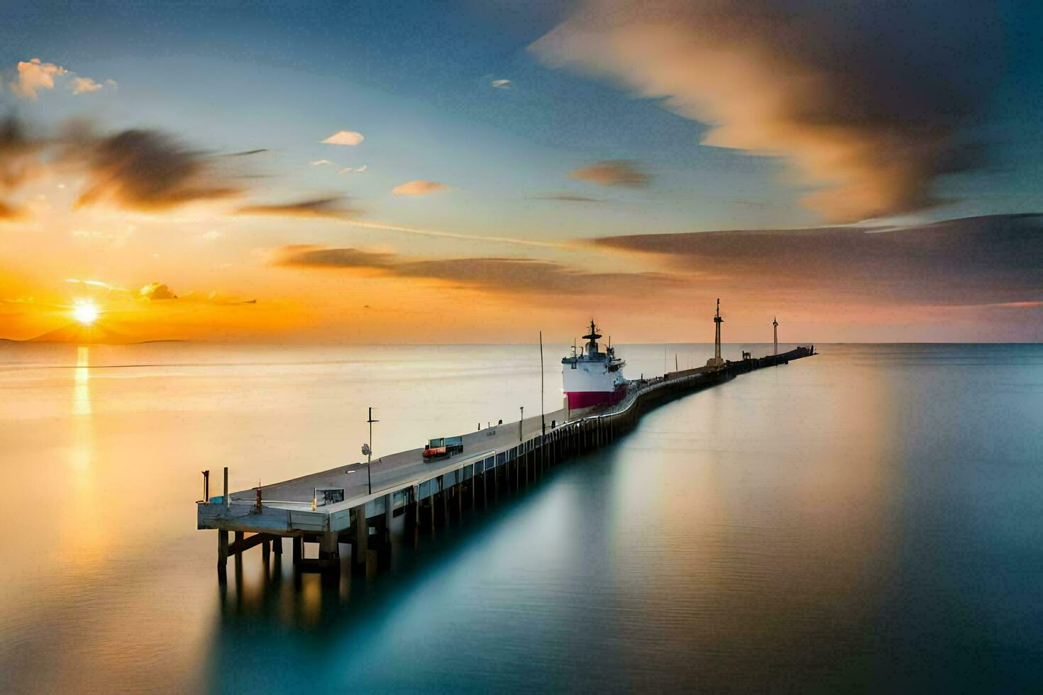 a long exposure photograph of a dock at sunset. AI-Generated photo