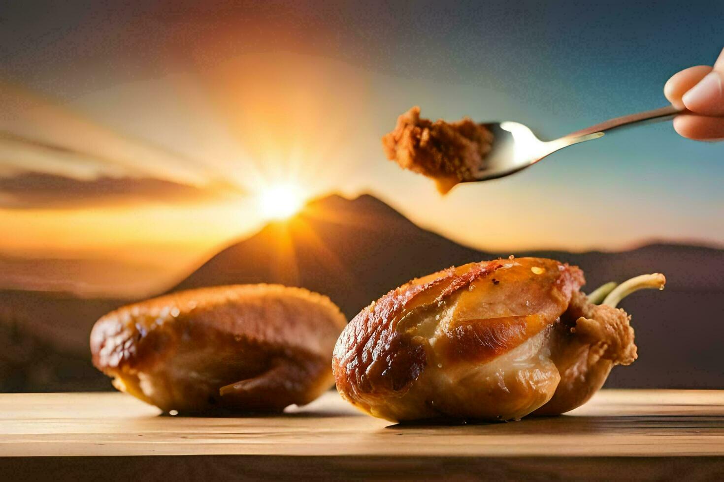 a person is holding a spoon over two chicken wings. AI-Generated photo