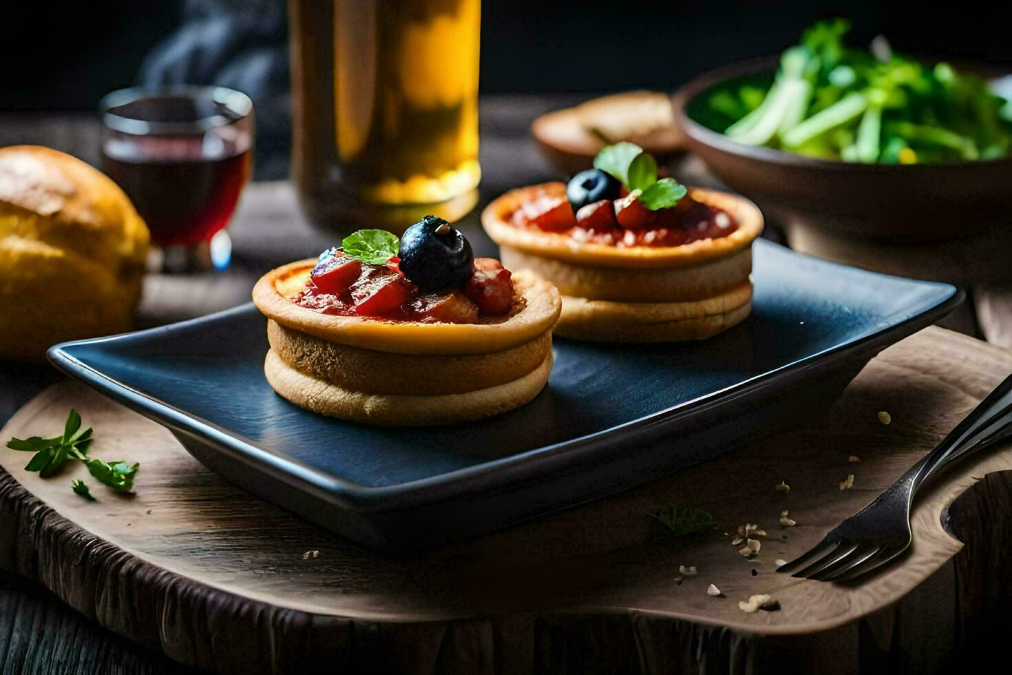 dos mini pasteles en un plato con un vaso de cerveza. generado por ai foto