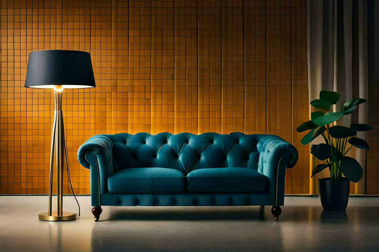 a blue sofa in front of a wall with a lamp. AI-Generated photo