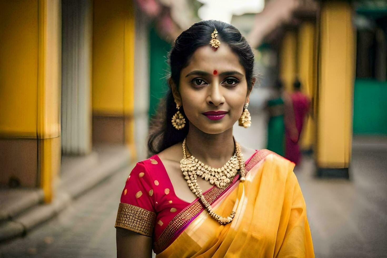a woman in a yellow sari and gold jewelry. AI-Generated photo