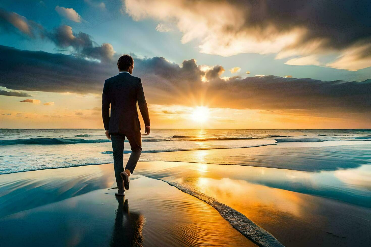a man in a suit walks on the beach at sunset. AI-Generated photo