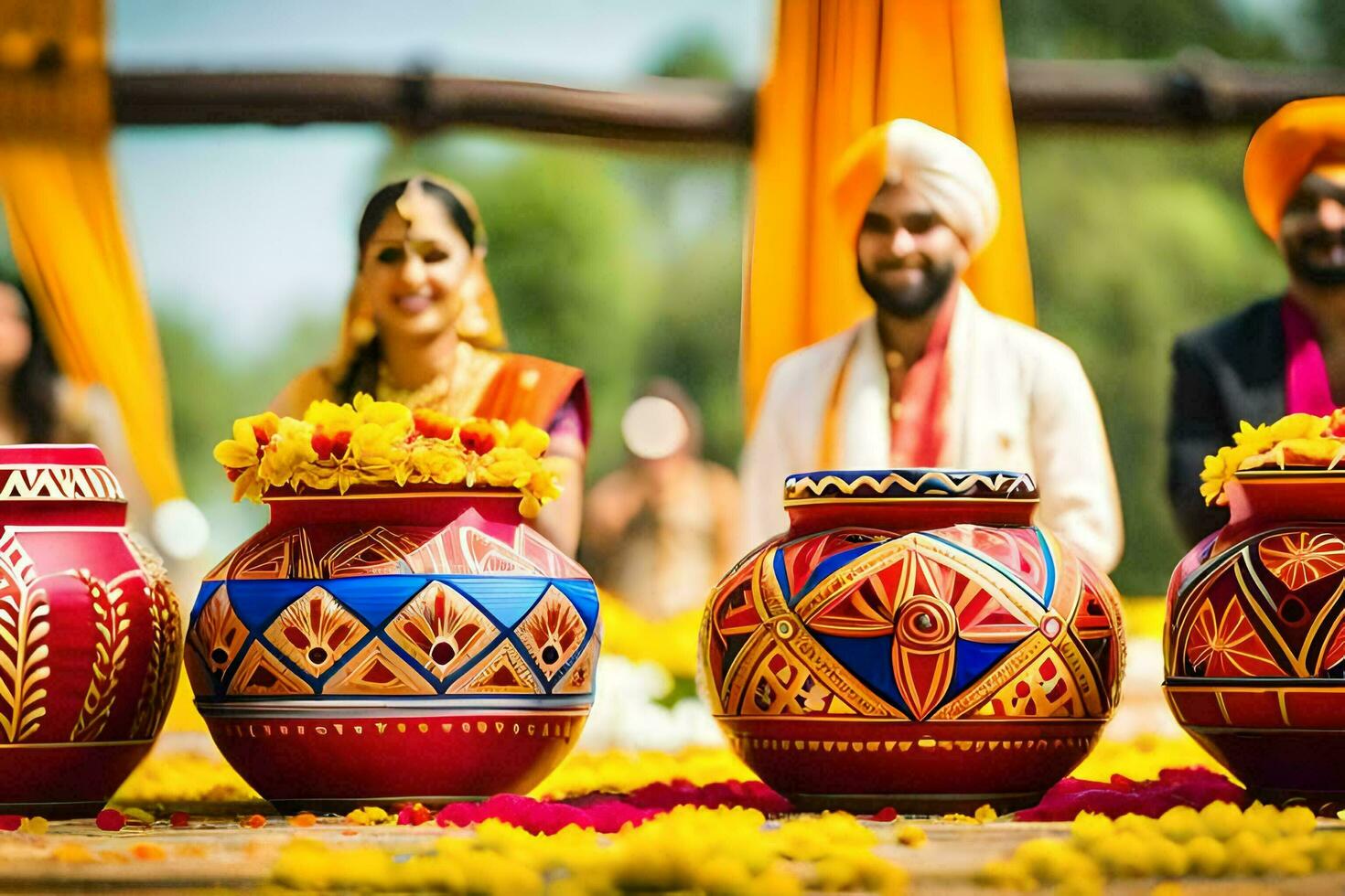 indian wedding ceremony with colorful pots. AI-Generated photo