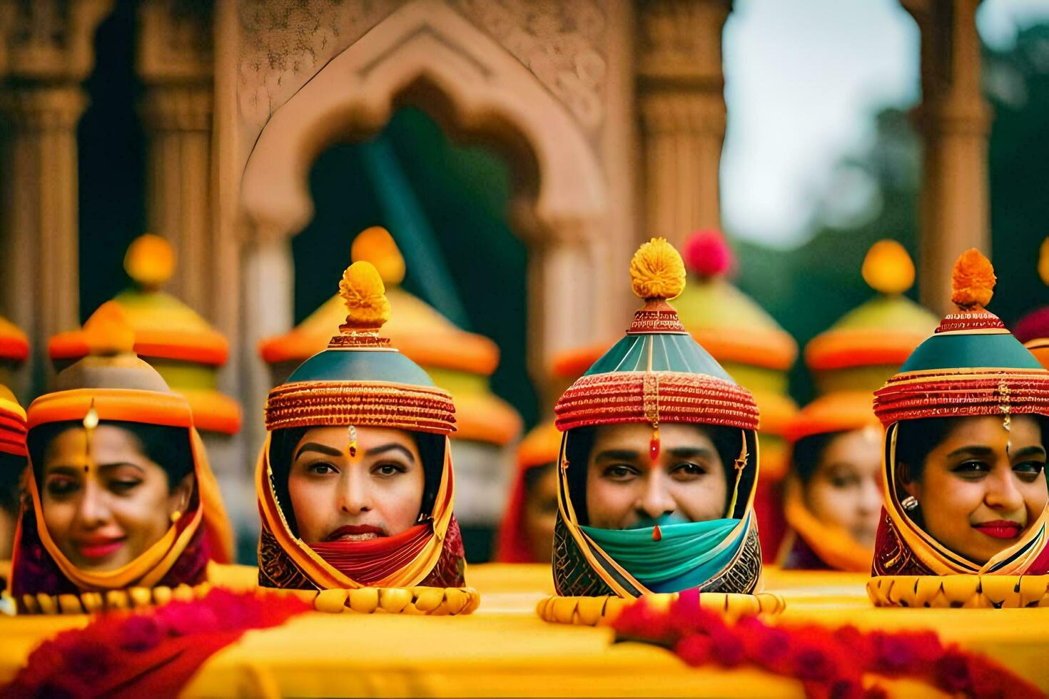 indian wedding ceremony with colorful hats. AI-Generated photo