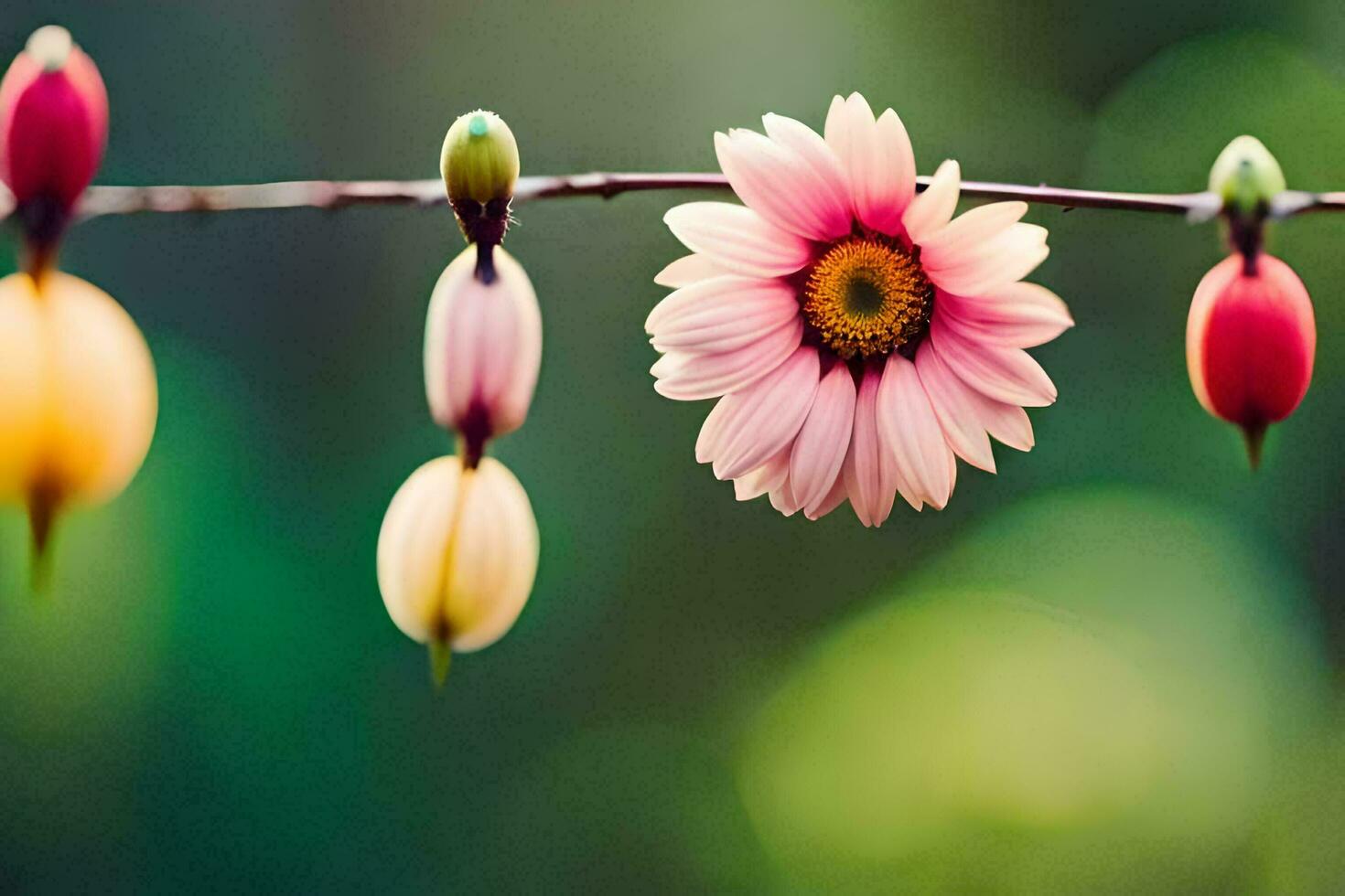 a pink flower is hanging from a wire. AI-Generated photo
