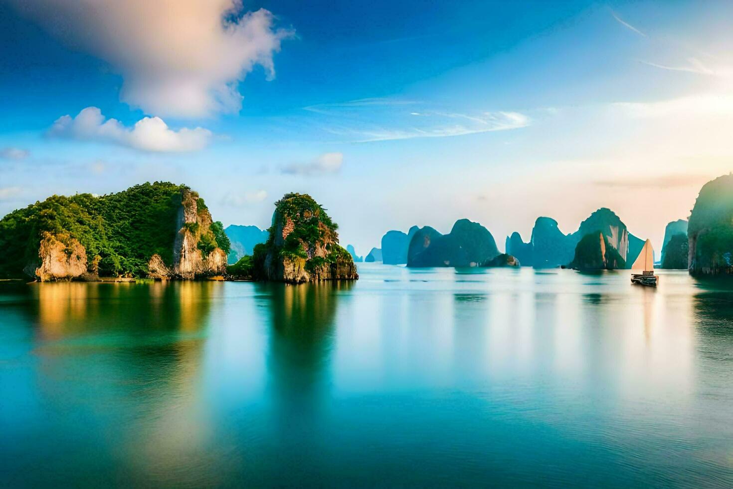 the sun sets over the water in halong bay, vietnam. AI-Generated photo