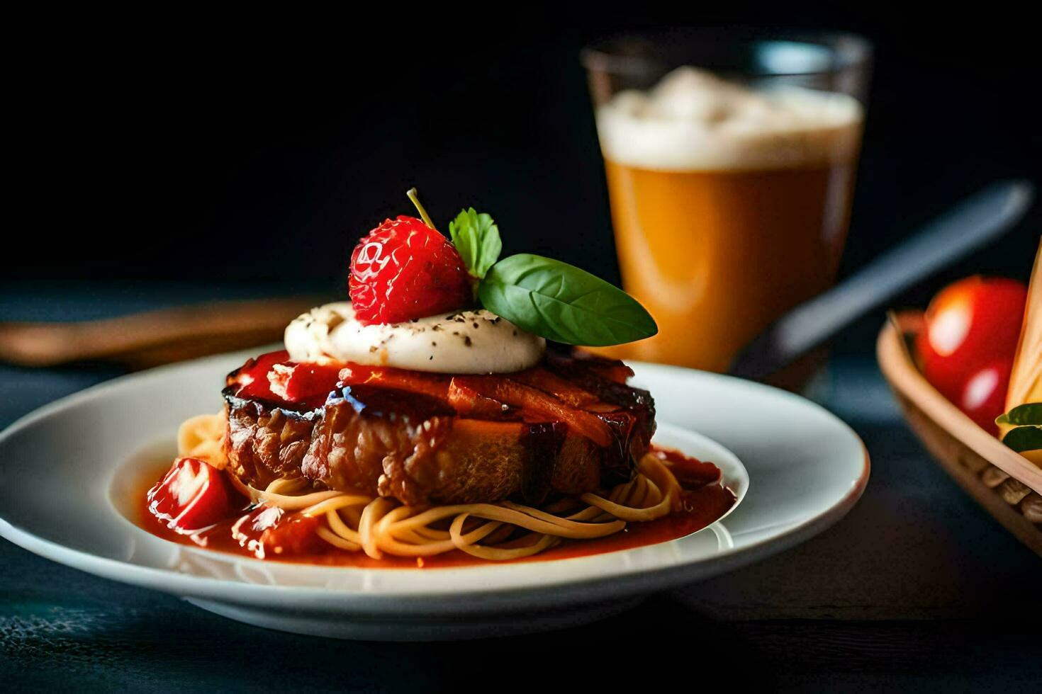 a plate with spaghetti and meat on top of a glass of beer. AI-Generated photo