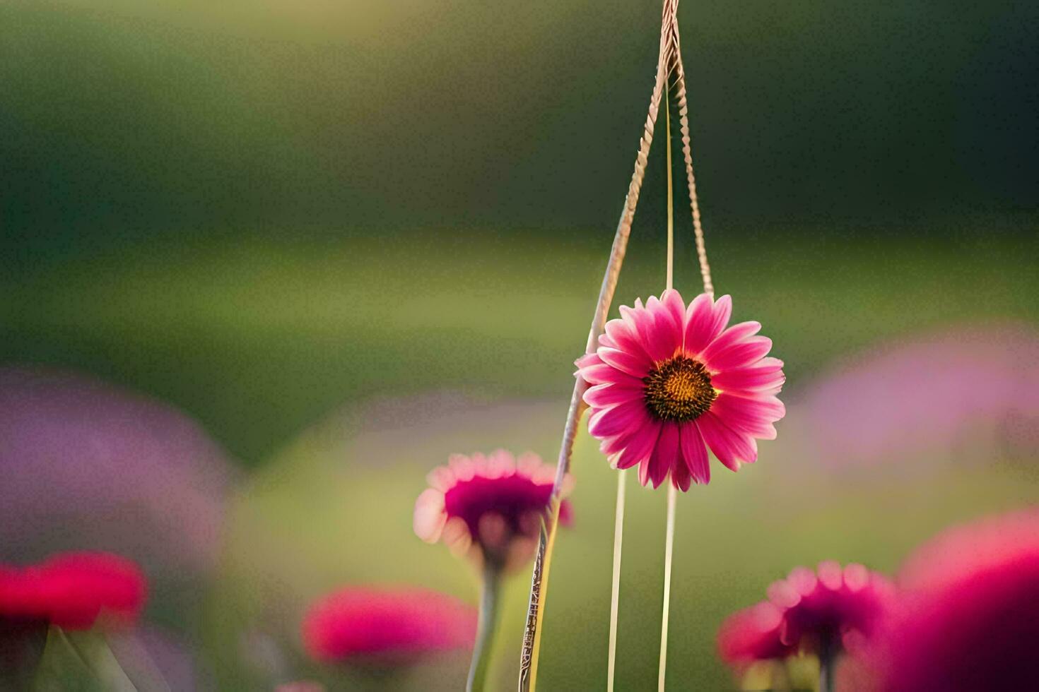pink flowers hanging from a string in the grass. AI-Generated photo