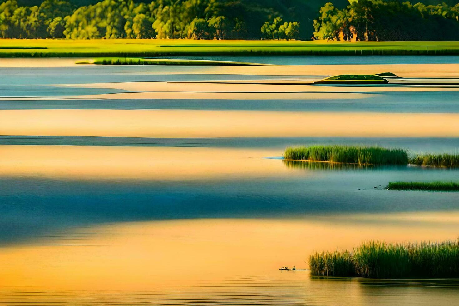 a river with grass and trees in the foreground. AI-Generated photo