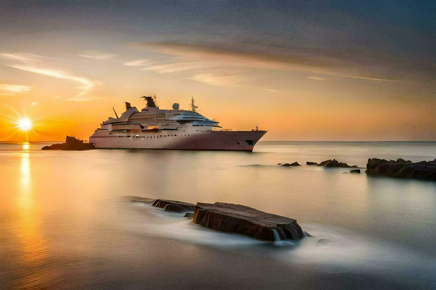 un crucero Embarcacion en el Oceano a puesta de sol. generado por ai foto