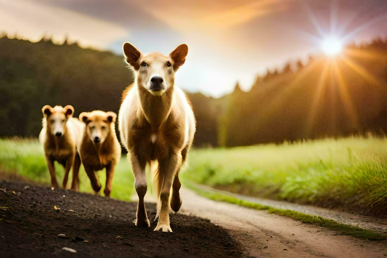 Tres marrón vacas caminando abajo un suciedad la carretera. generado por ai foto