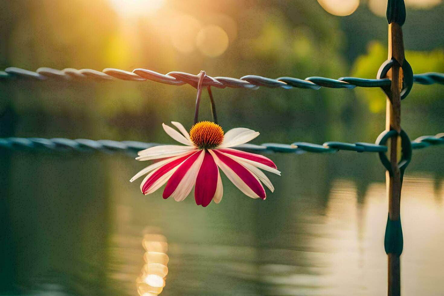 a flower hanging from a wire fence. AI-Generated photo