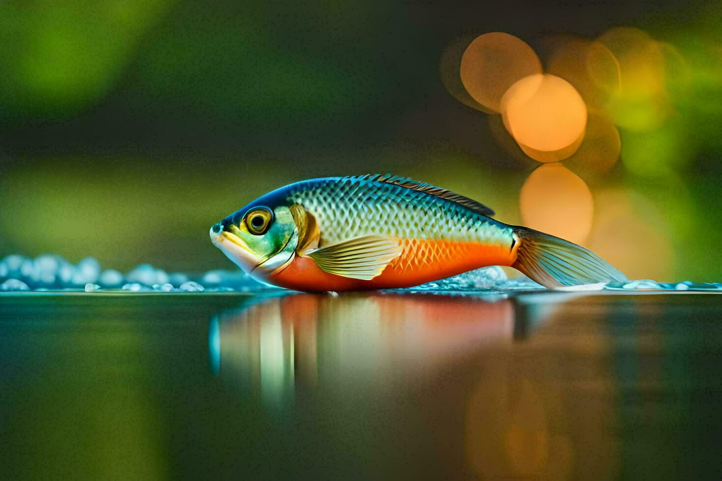 a fish is sitting on the water with a blurry background. AI-Generated photo