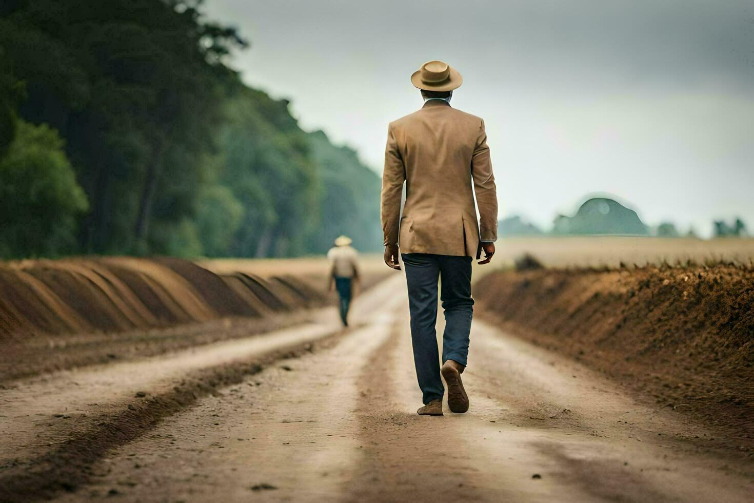 a man in a suit walks down a dirt road. AI-Generated photo