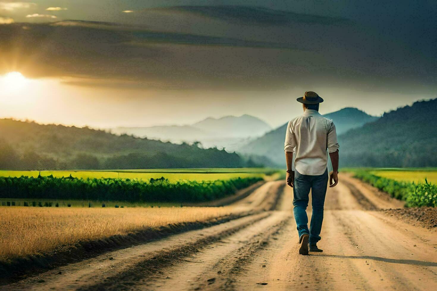 un hombre caminando abajo un suciedad la carretera en el medio de un campo. generado por ai foto