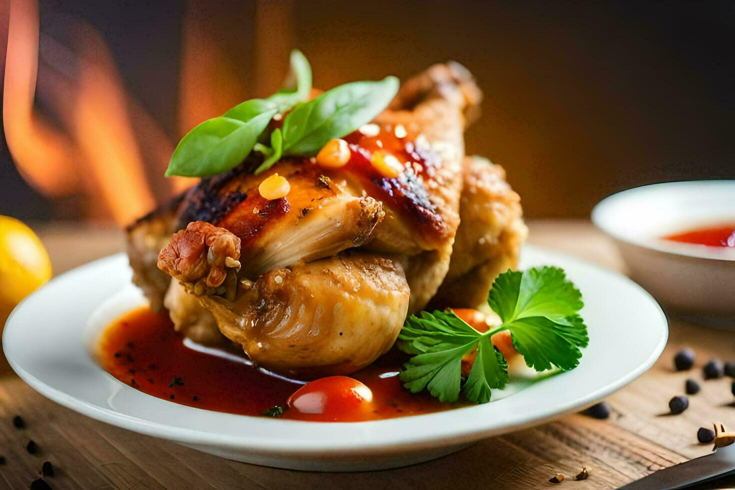 a chicken on a plate with sauce and herbs. AI-Generated photo