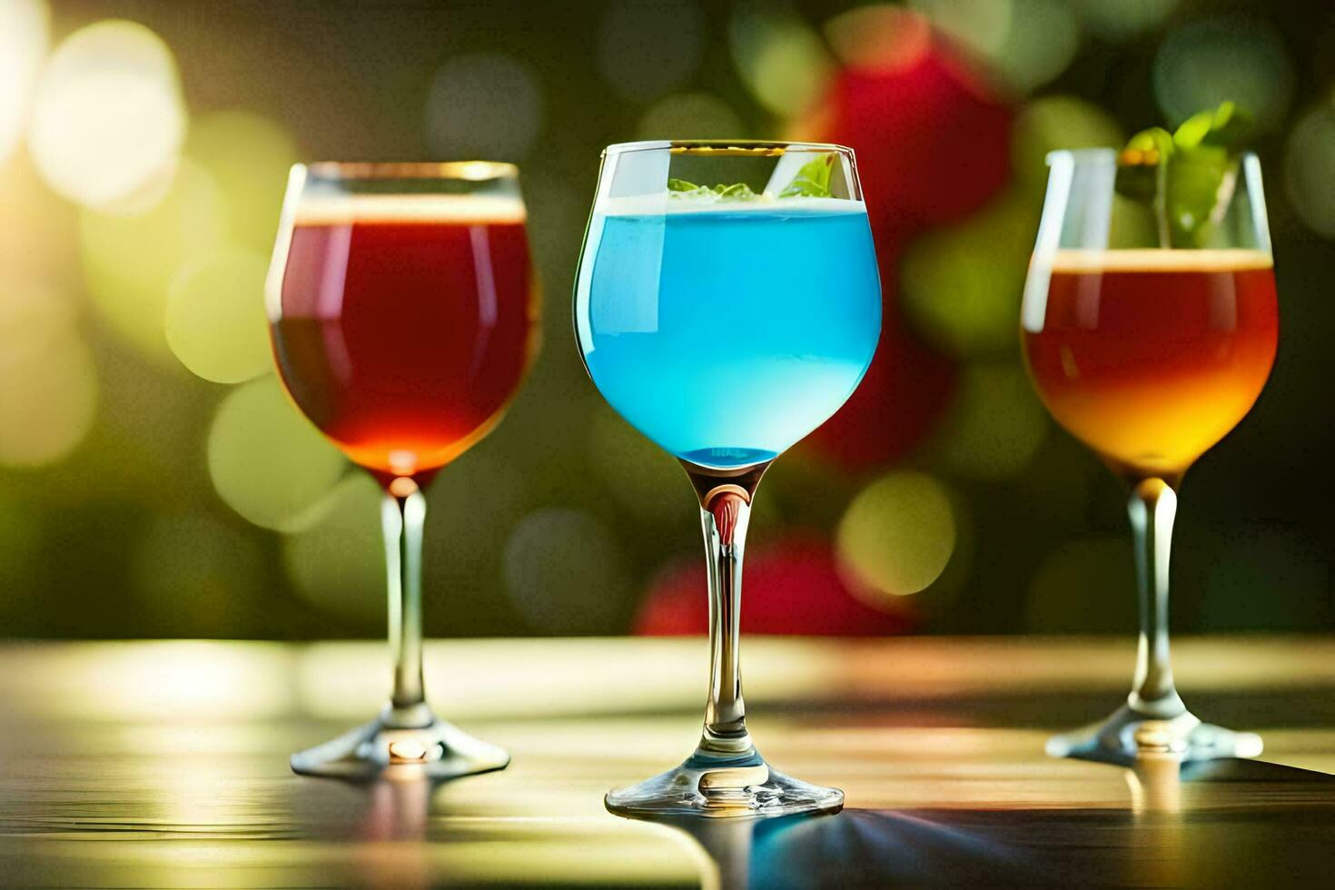 three glasses of colorful drinks on a table. AI-Generated photo