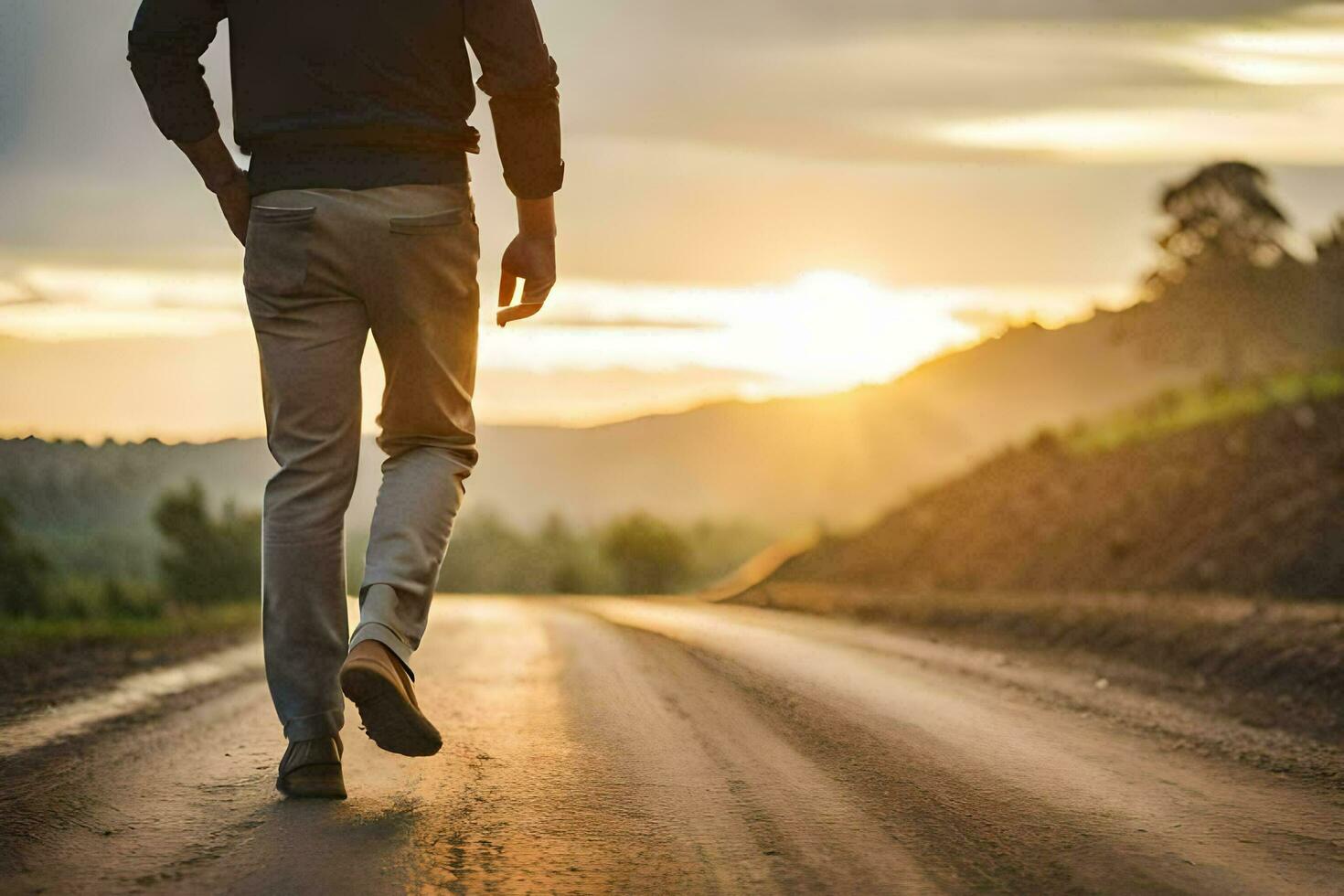 man walking on a road at sunset. AI-Generated photo