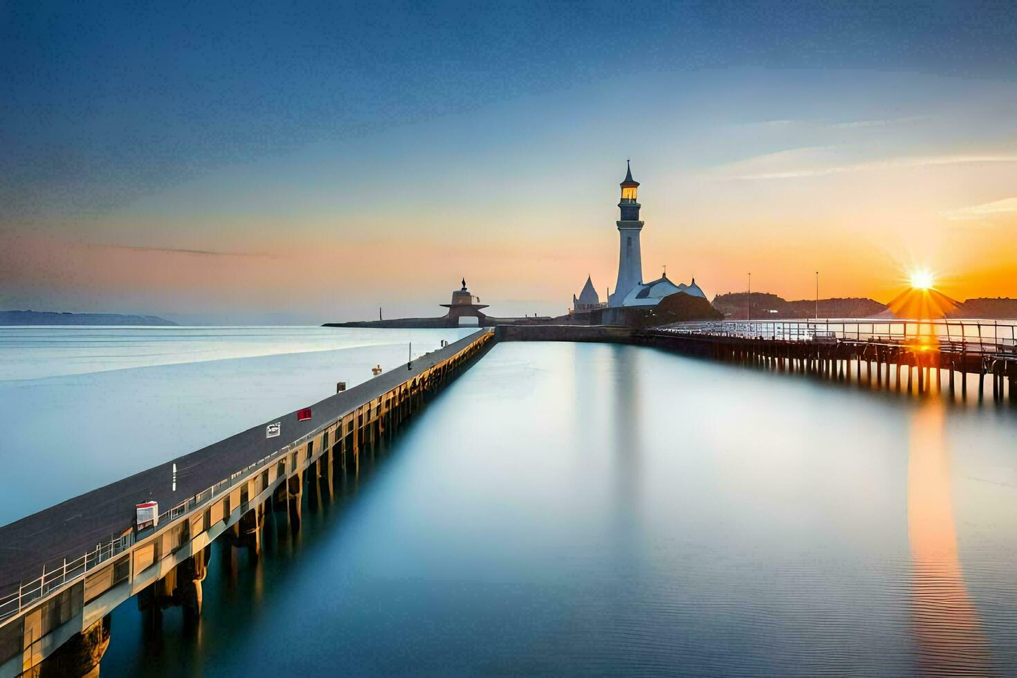 the lighthouse at sunrise in the water. AI-Generated photo