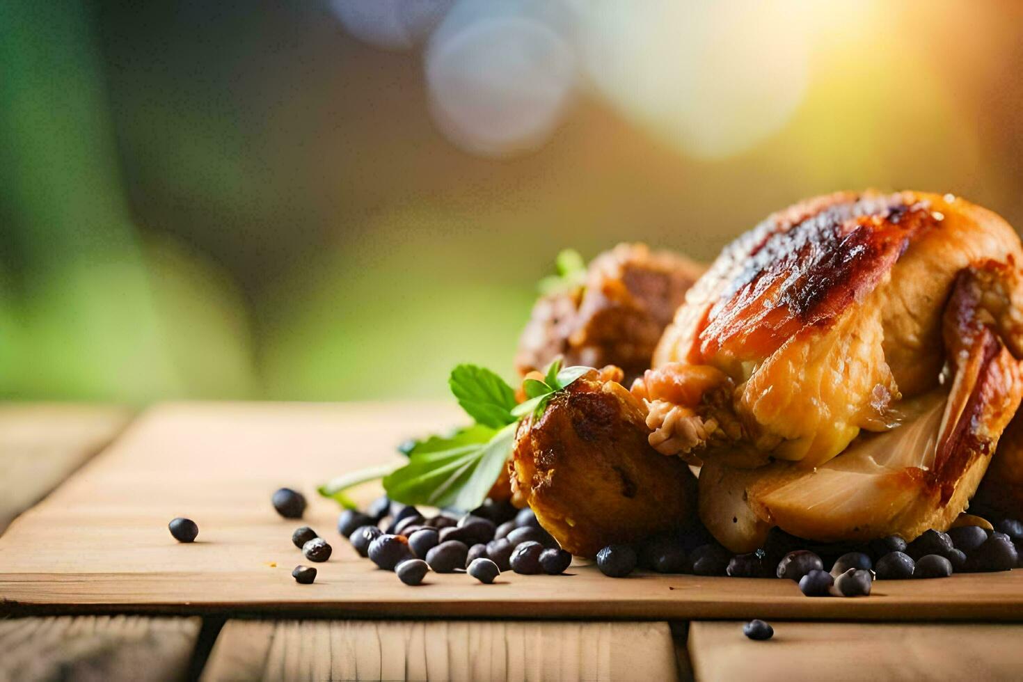 a chicken on a wooden cutting board with black beans. AI-Generated photo