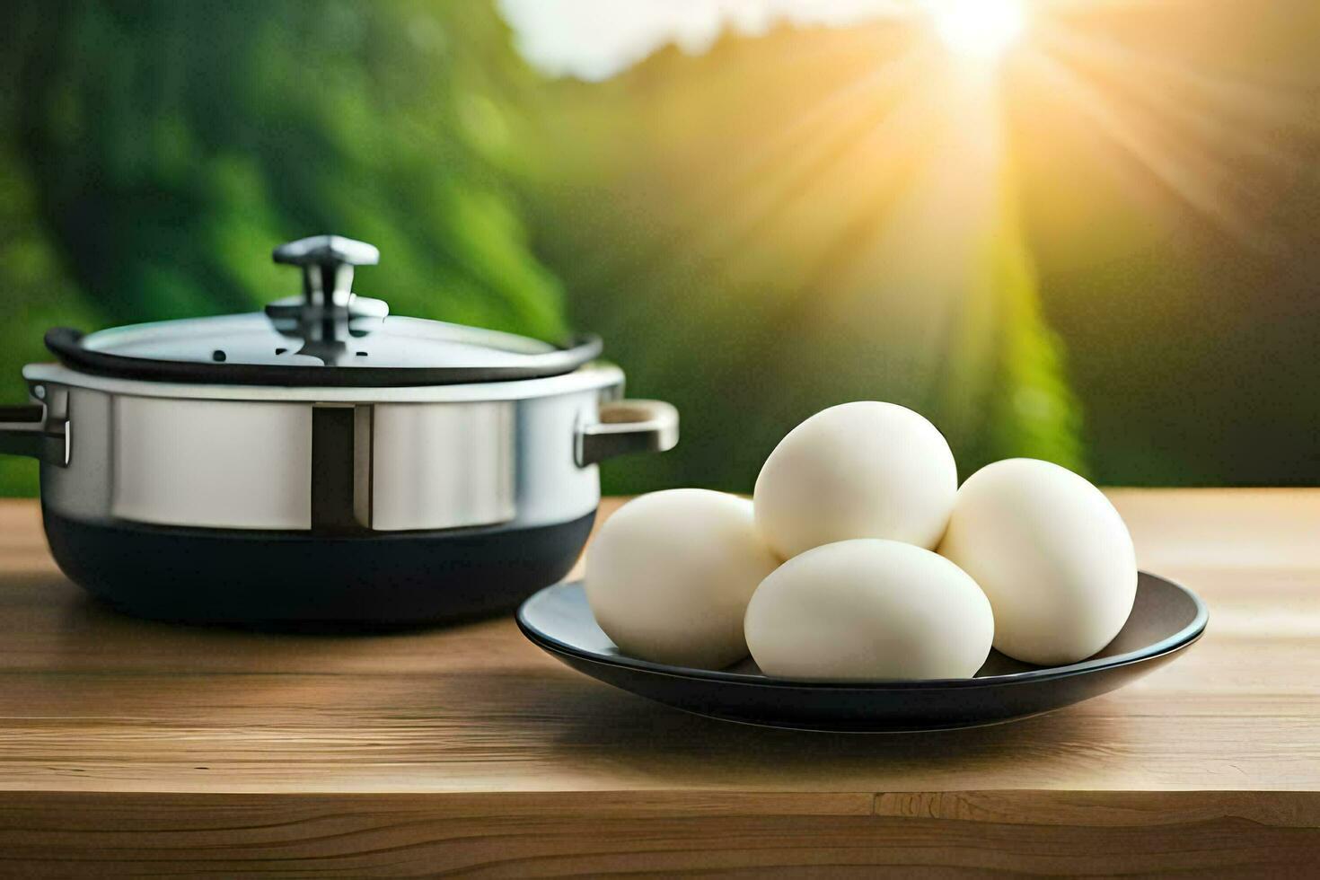 eggs on a plate and a pot. AI-Generated photo