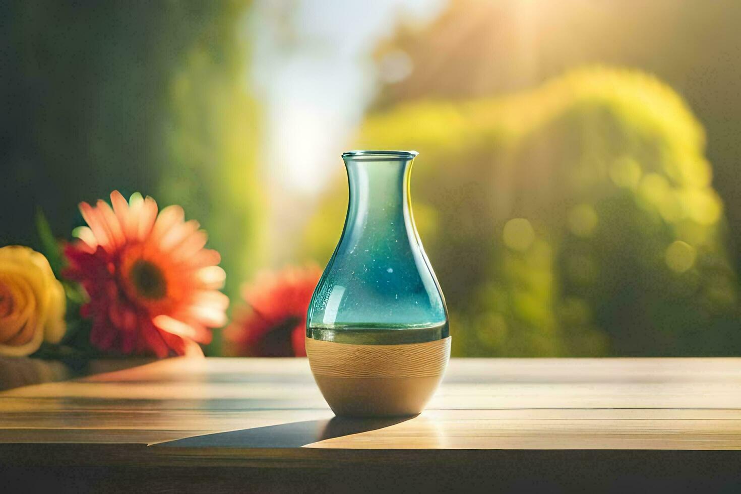 a vase with flowers on a table in the sun. AI-Generated photo