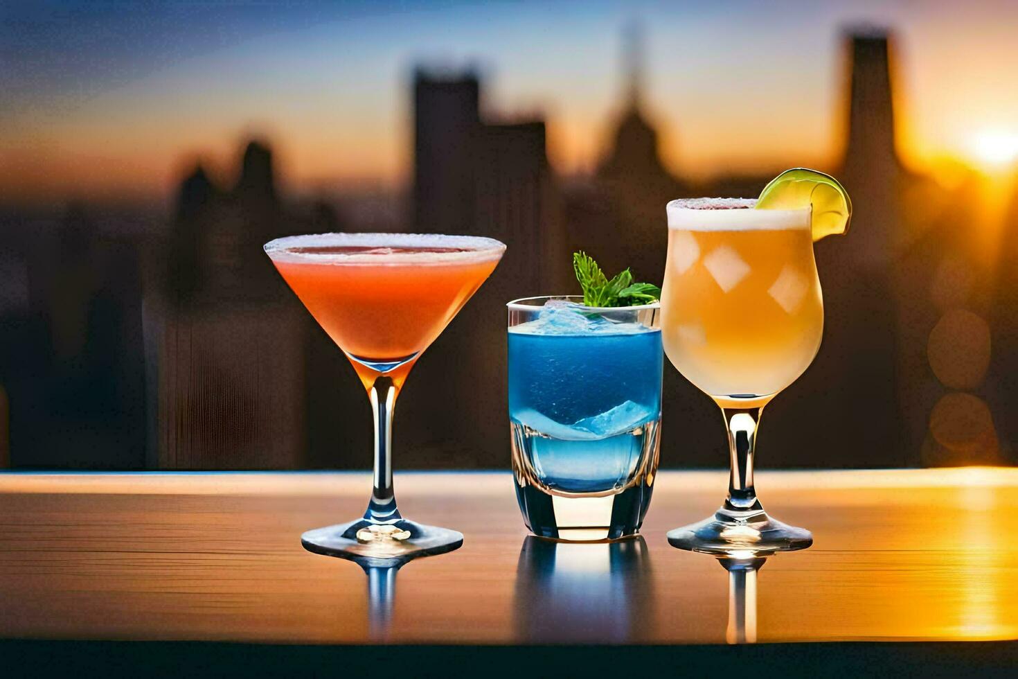 three cocktails on a table with a city skyline in the background. AI-Generated photo