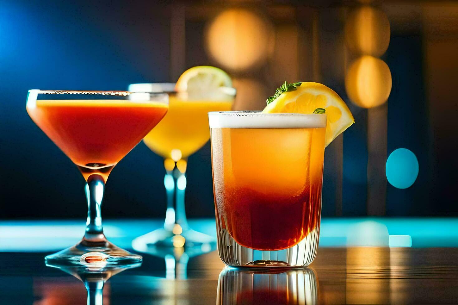 three different cocktails on a bar. AI-Generated photo