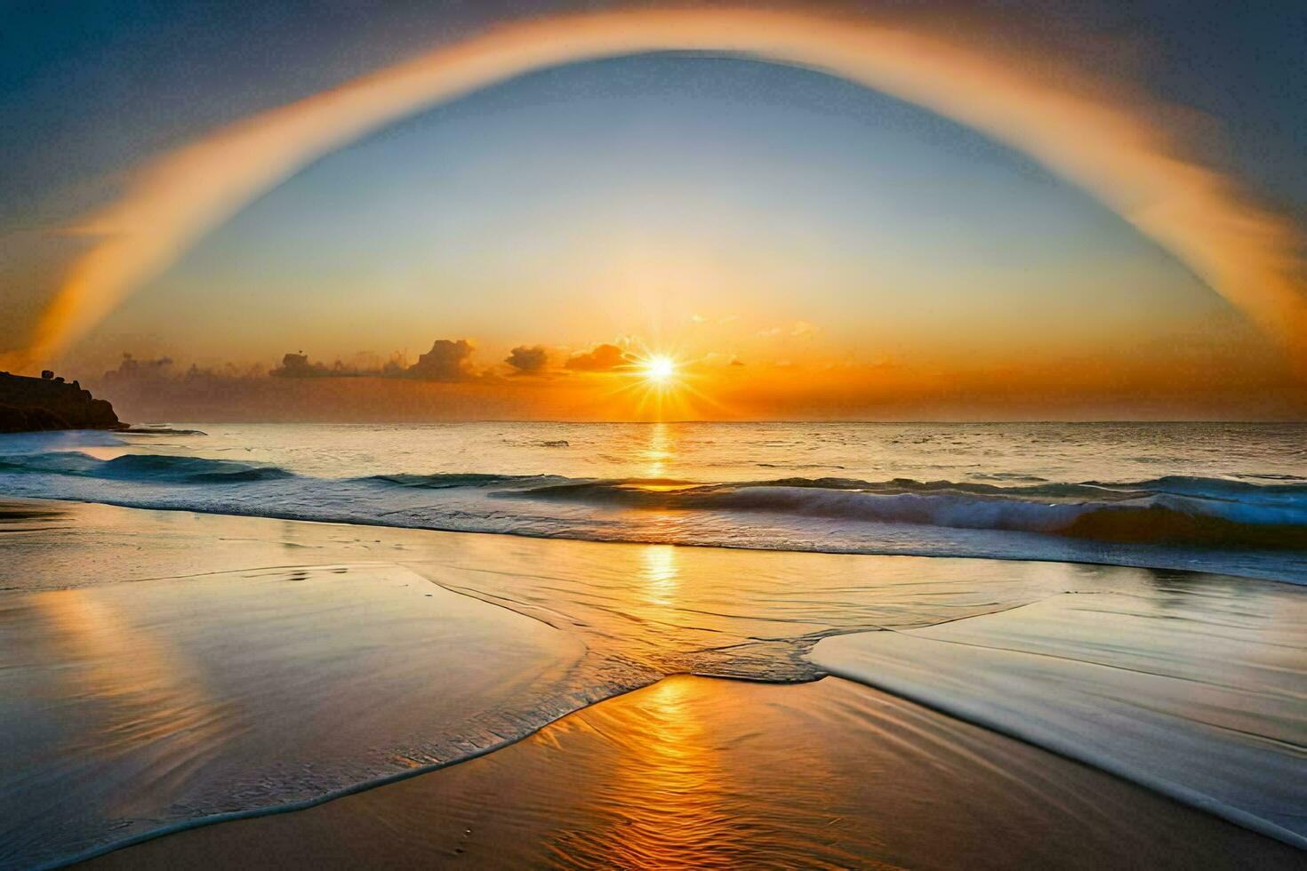 un arco iris es visto terminado el Oceano a puesta de sol. generado por ai foto