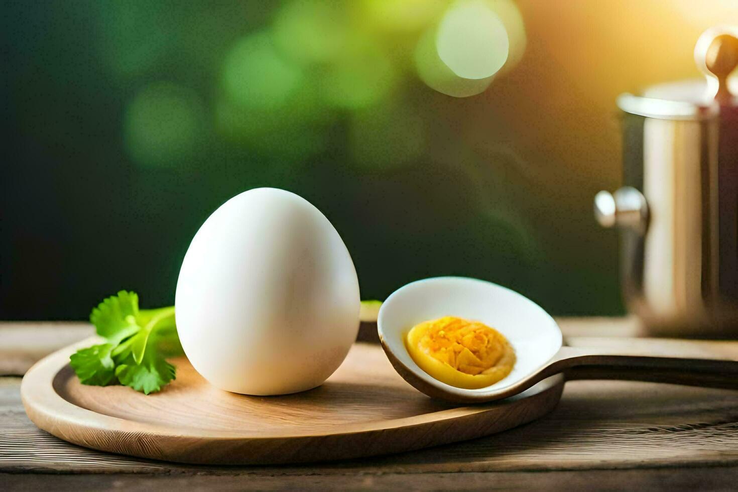 an egg on a wooden cutting board with a spoon. AI-Generated photo