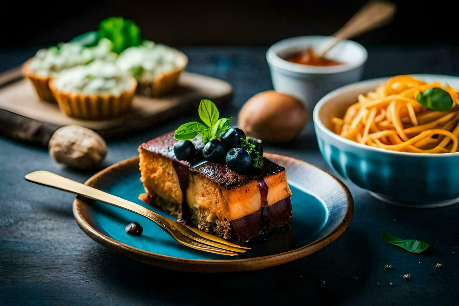 the cheesecake is served with a spoon and a fork. AI-Generated photo