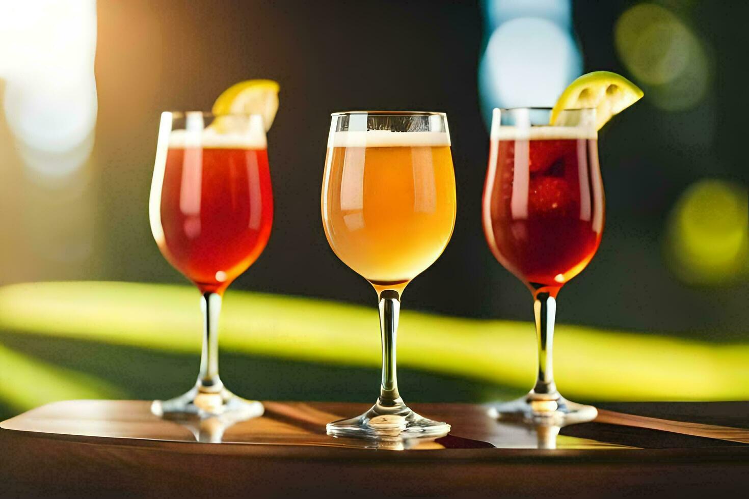 three glasses of different drinks on a table. AI-Generated photo