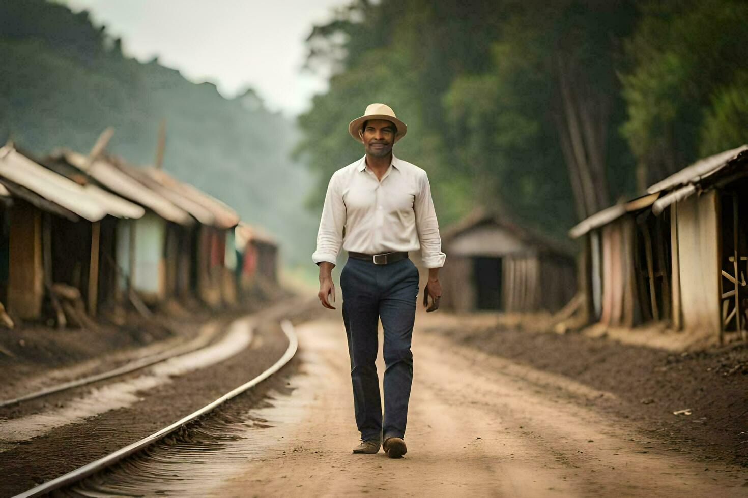 a man in a hat walks along a dirt road. AI-Generated photo