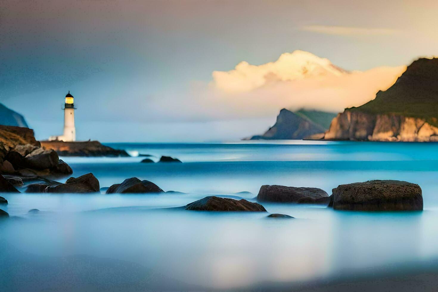 a lighthouse sits on the shore of a body of water. AI-Generated photo