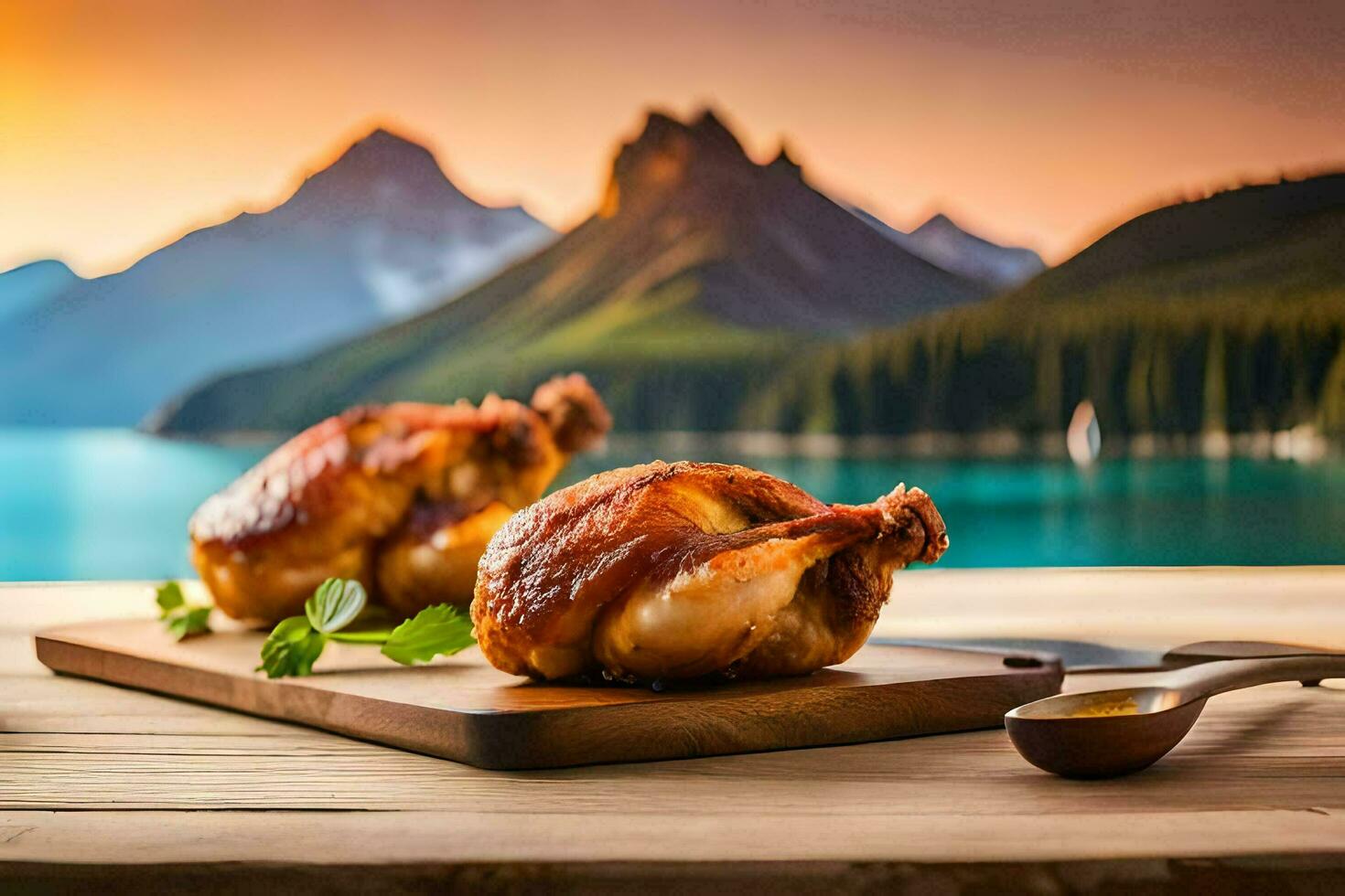chicken on a wooden board with a view of mountains. AI-Generated photo