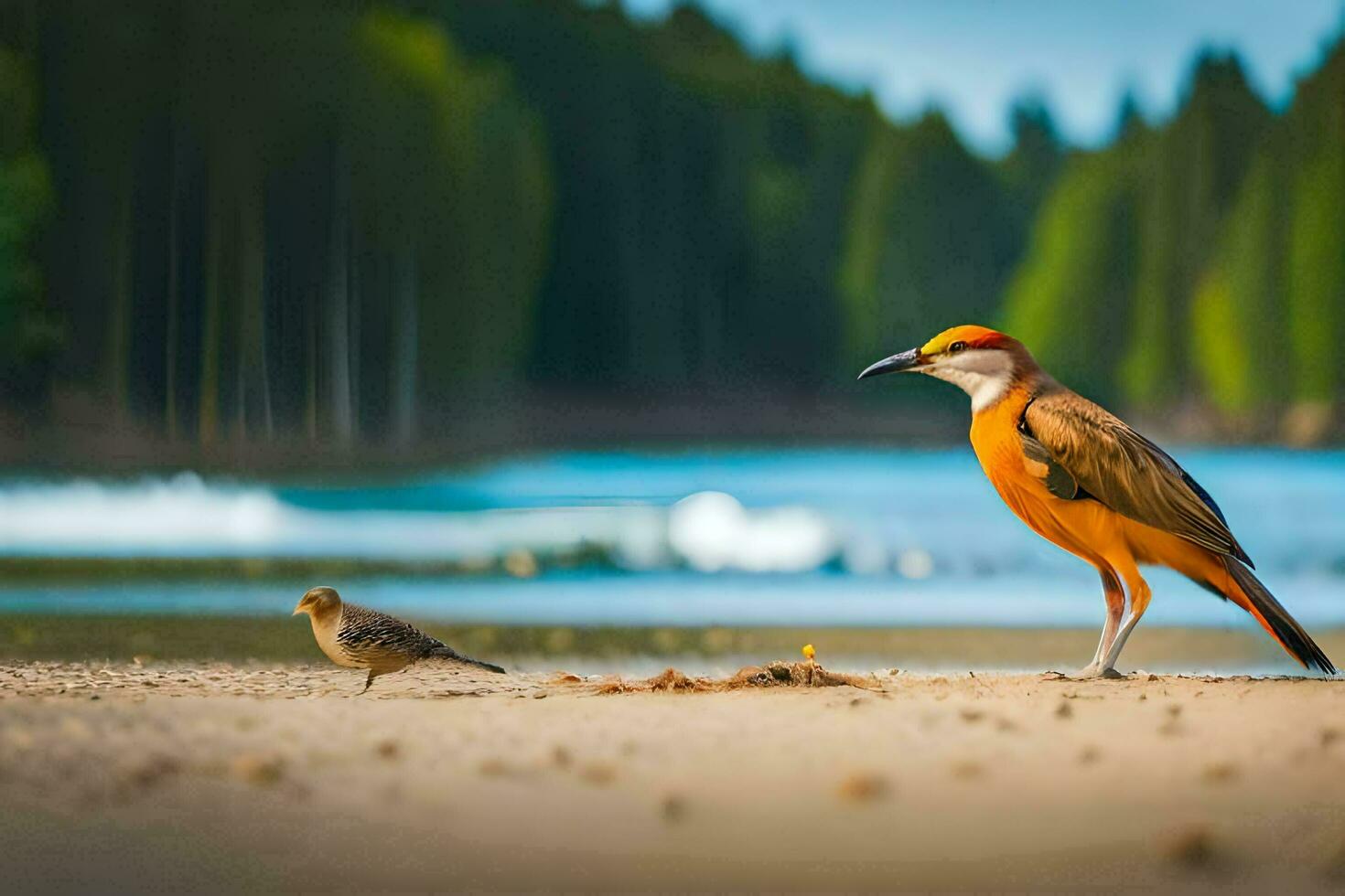 un pájaro y un pájaro son en pie en el playa. generado por ai foto